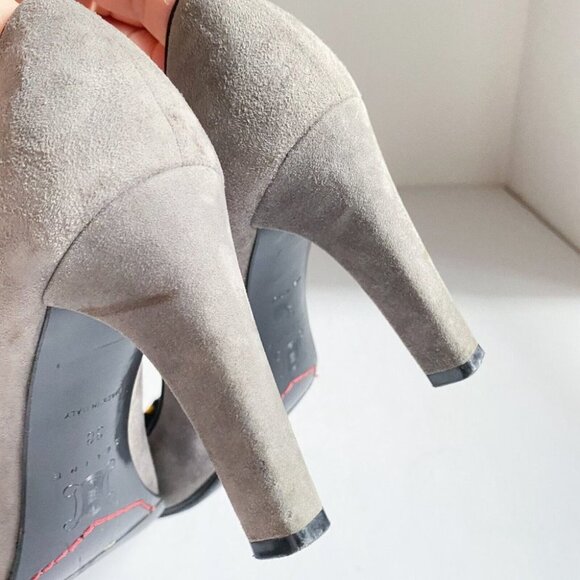 Celine Grey Suede Web Stripe Detail Round Toe High Heels 38  Italy - Picture 8 of 13